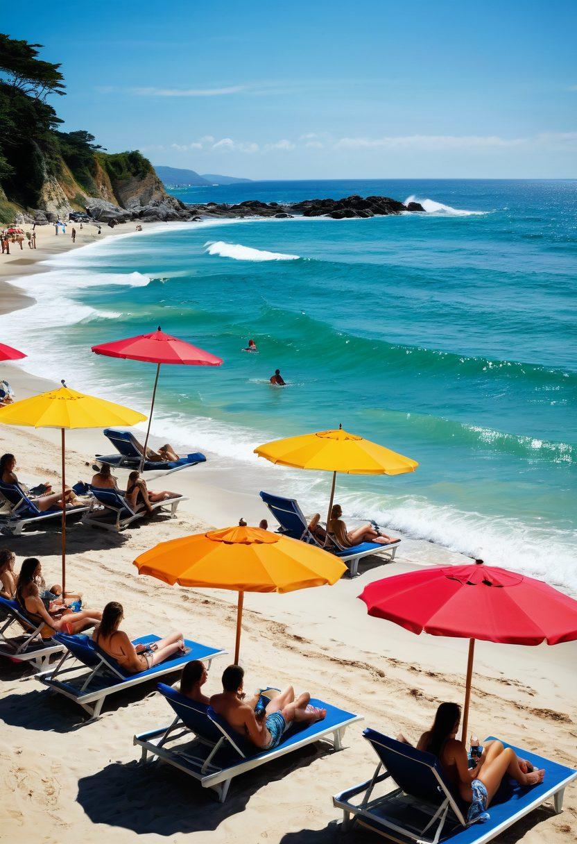 A lively beach scene showcasing diverse individuals in trendy swimwear, lounging under colorful beach umbrellas and enjoying refreshing drinks. Incorporate stylish accessories like hats and sunglasses, while vibrant ocean waves add dynamic energy in the background. Evoke a sense of relaxation and fashionable comfort for a perfect getaway. super-realistic. vibrant colors. sunny atmosphere.